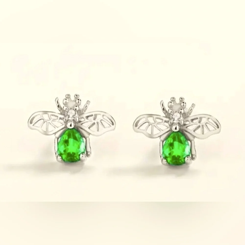 🌟HP X 3🌟 GREEN BUMBLEBEE Cubic Zirconia S925 Sterling Silver Studded Earrings